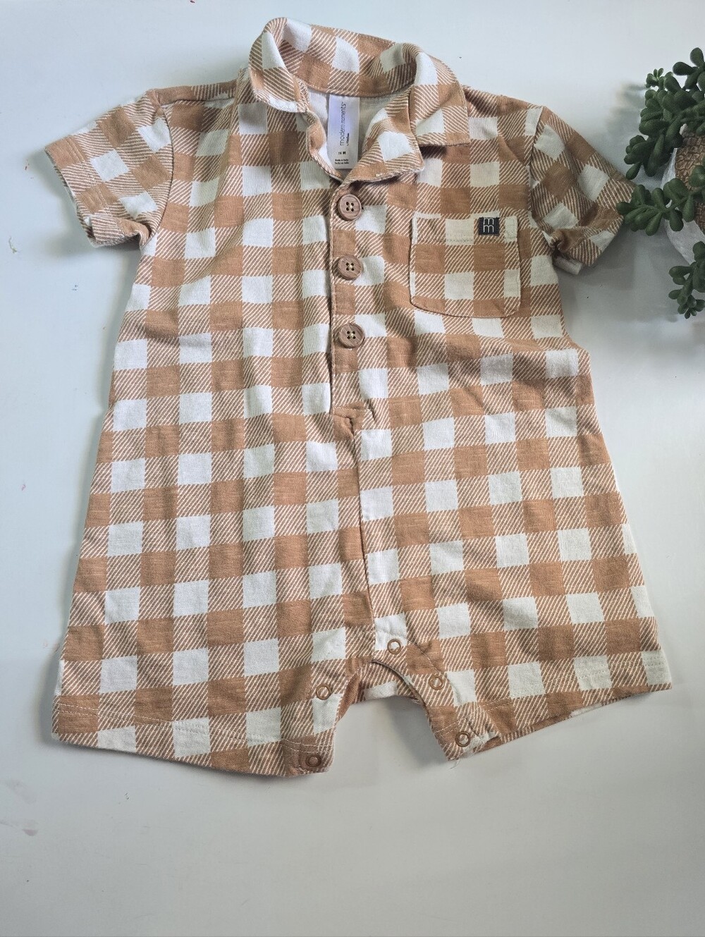 5/$25 Modern Moments Tan Check Plaid Romper